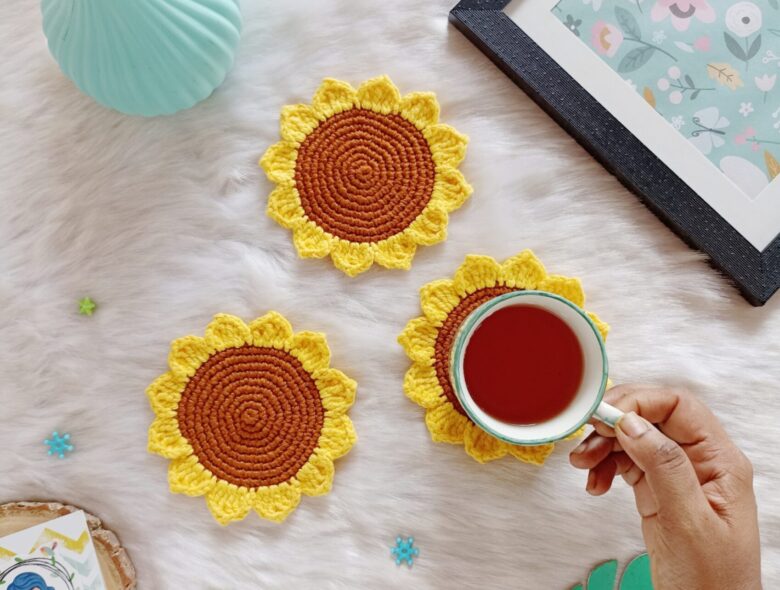 Crochet sunflower coaster