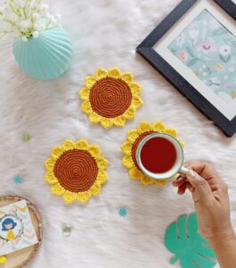 Crochet sunflower coaster